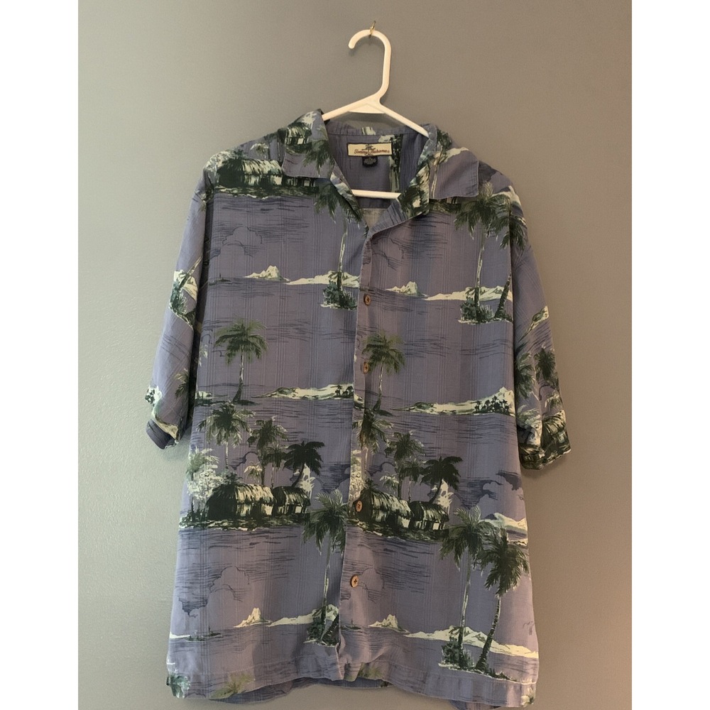 Tommy Bahama 100% Silk Men's Medium Blue Hawaiian Palm Tree Print Camp Shirt